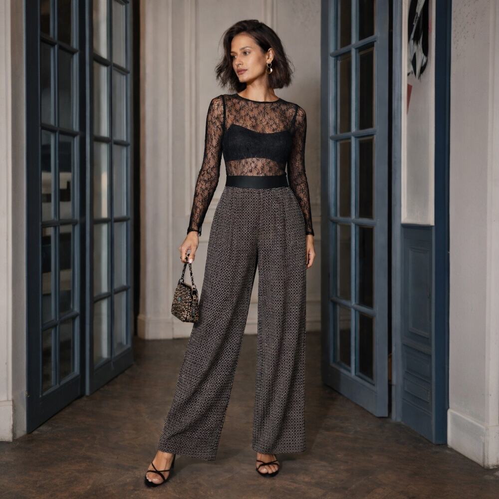 Theory Wide Leg Silk Pants Diamond Geometric Print In Black Multi